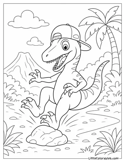 Cartoon Velociraptor Wearing a Backwards Baseball Cap Mid Trip Coloring Page