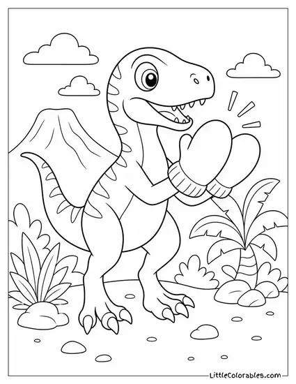 Cartoon Velociraptor Wearing Oversized Mittens Trying to Clap Coloring Page