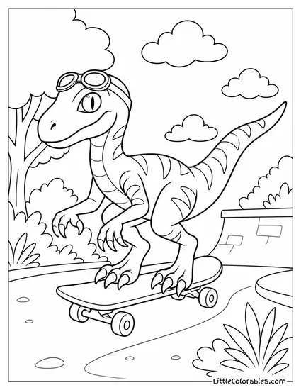 Cartoon Velociraptor Wearing Tiny Goggles Riding a Skateboard Coloring Page