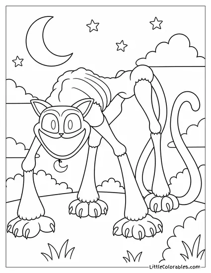 Catnap with Long Legs Walking Outside Under Half Moon Coloring Page