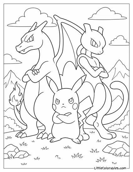 Charizard and Mewtwo and Pikachu Standing Back to Back Ready for Anything Coloring Page