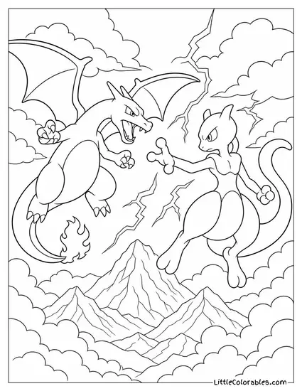 Charizard and Mewtwo Facing Off Above a Stormy Mountain Coloring Page