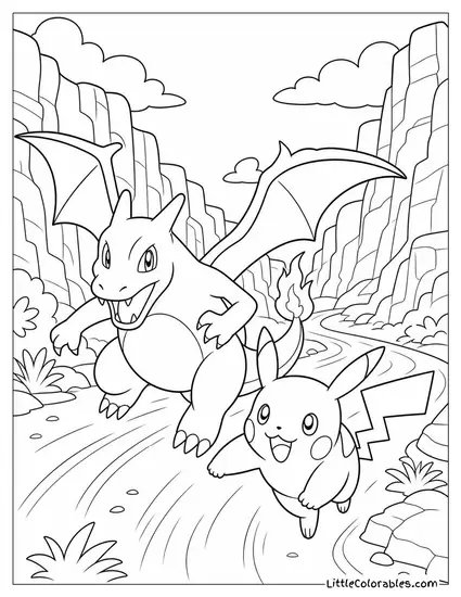 Charizard and Pikachu Racing Through a Canyon Coloring Page
