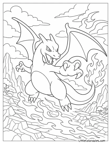 Charizard Battling with Claws Extended and Flames Trailing Coloring Page