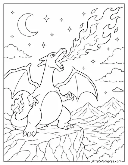 Charizard Breathing a Stream of Fire into the Night Sky Coloring Page