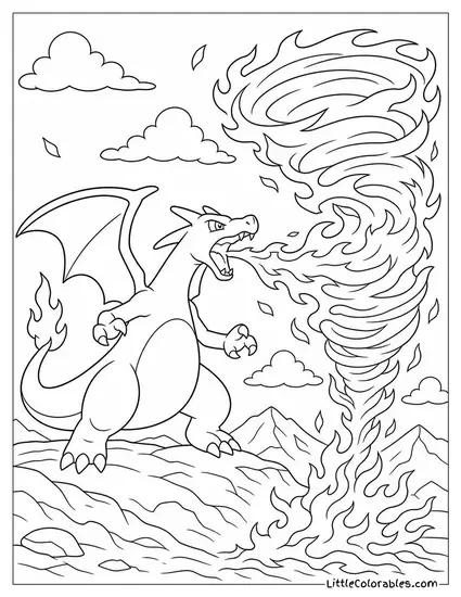 Charizard Breathing Fire into a Swirling Tornado of Flame Coloring Page