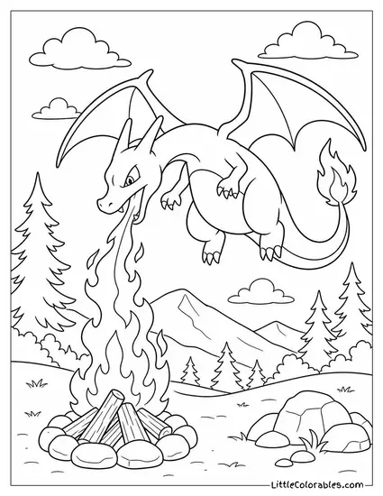 Charizard Breathing Fire to Light a Campfire Below Coloring Page