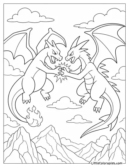 Charizard Clashing Claws with a Rival Dragon-Type in Mid-Air Coloring Page