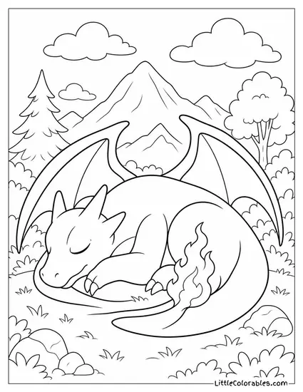 Charizard Curled Up Asleep with Its Tail-Flame Flickering Softly Coloring Page