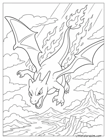 Charizard Dive-Bombing from High Altitude with Flames Trailing Coloring Page