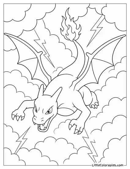 Charizard Diving Through Storm Clouds with Lightning Behind It Coloring Page