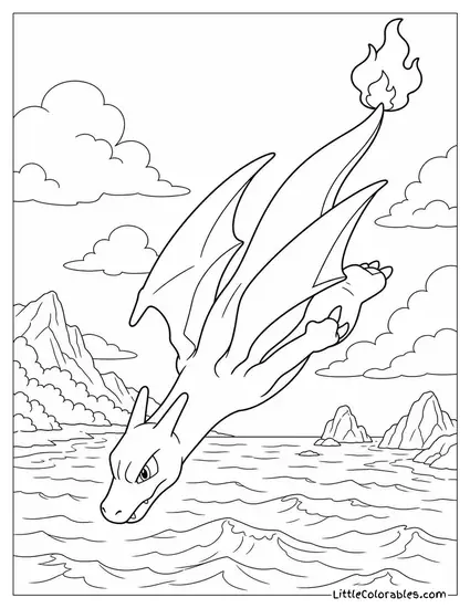 Charizard Diving Toward the Ocean with Wings Tucked In Coloring Page