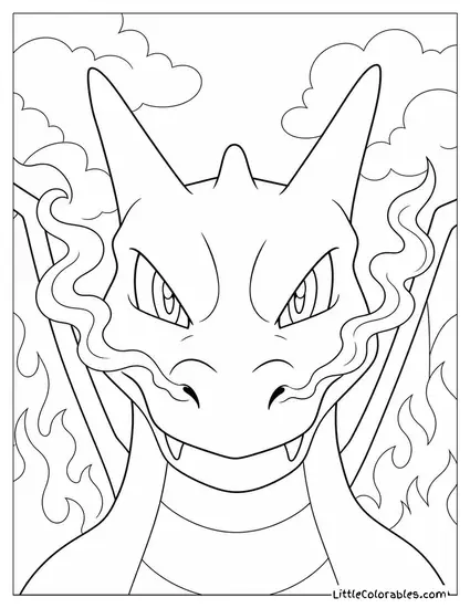 Charizard Face-Close-Up with Smoke Curling from Its Nostrils Coloring Page