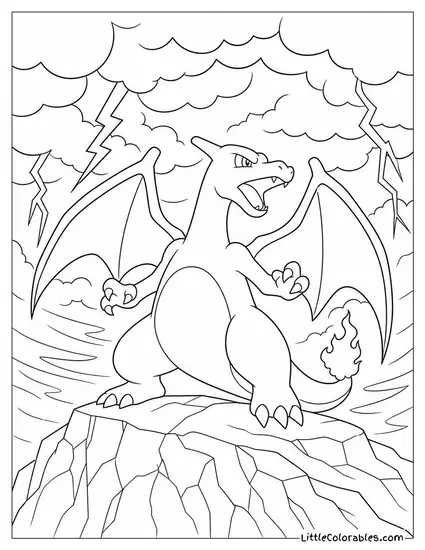 Charizard Facing Off Against a Storm with Wings Braced Coloring Page