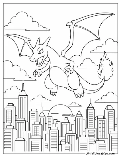 Charizard Flying Above a City Skyline at Dusk Coloring Page