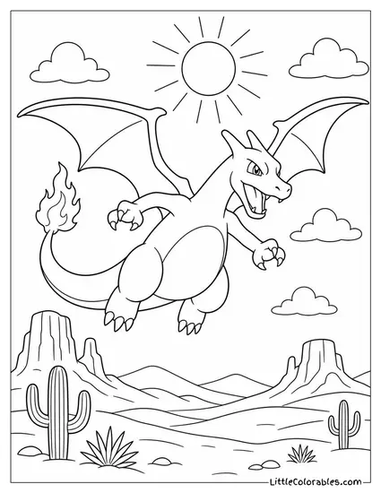 Charizard Flying Over a Desert at High Noon Coloring Page