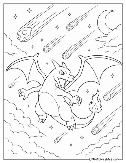 Charizard Flying Through a Meteor Shower at Night Coloring Page