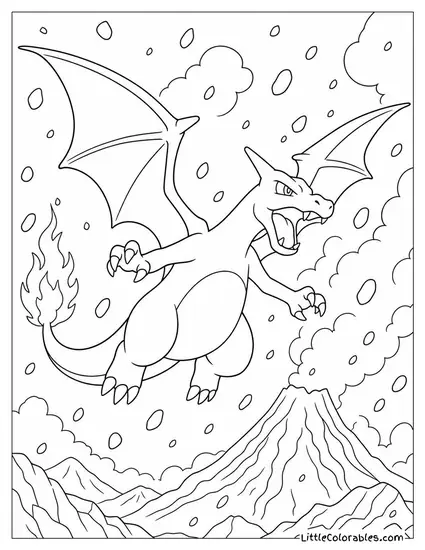 Charizard Flying Through Falling Volcanic Ash Coloring Page