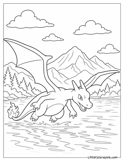 Charizard Gliding Just Above the Surface of a Lake Coloring Page