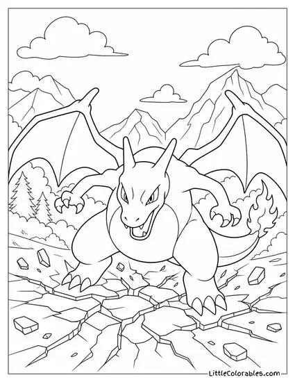 Charizard Landing Heavily and Cracking the Ground Beneath It Coloring Page