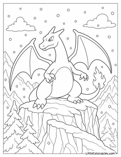 Charizard Landing on a Mountain Ledge as Snow Falls Around It Coloring Page