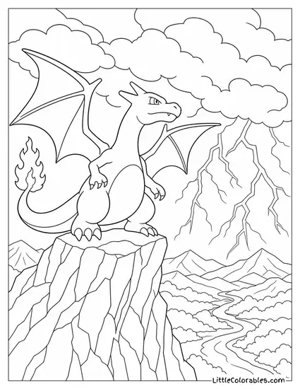 Charizard Perched on a Craggy Peak Overlooking a Thunderstorm Coloring Page
