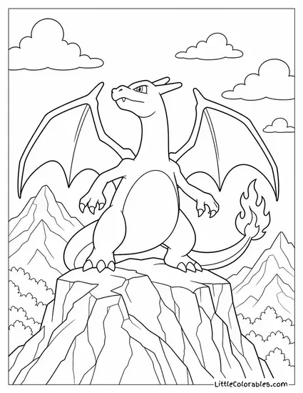 Charizard Perched on a Rocky Cliff with Wings Spread Wide Coloring Page
