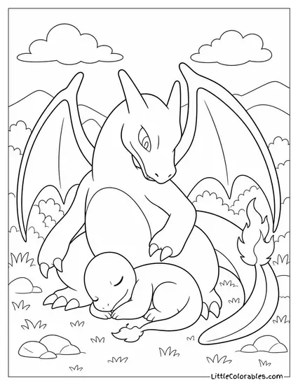 Charizard Perched Protectively Over a Smaller, Sleeping Pokemon Coloring Page