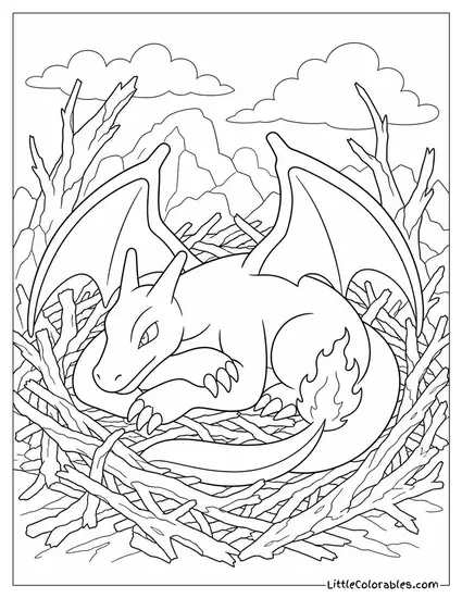 Charizard Resting in a Nest of Charred Branches Coloring Page