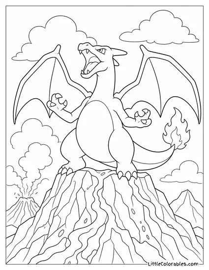 Charizard Roaring at the Top of an Active Volcano Coloring Page