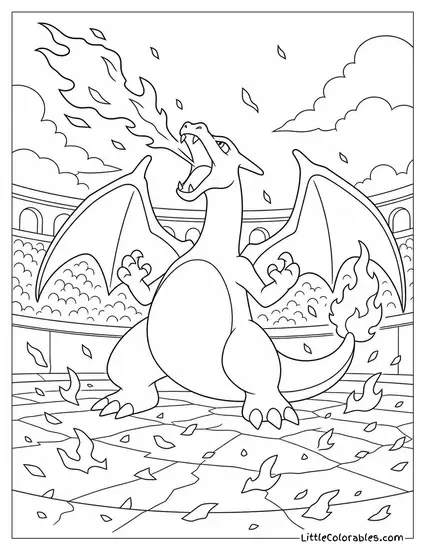 Charizard Roaring So Loud Embers Scatter Across the Arena Floor Coloring Page