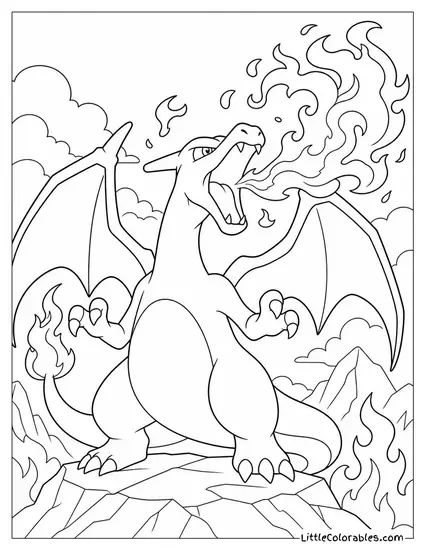 Charizard Roaring with Fire Swirling Around Its Open Mouth Coloring Page