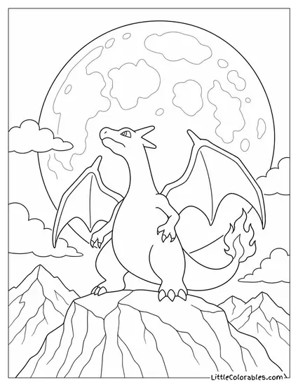 Charizard Silhouette Against a Giant Rising Full Moon Coloring Page