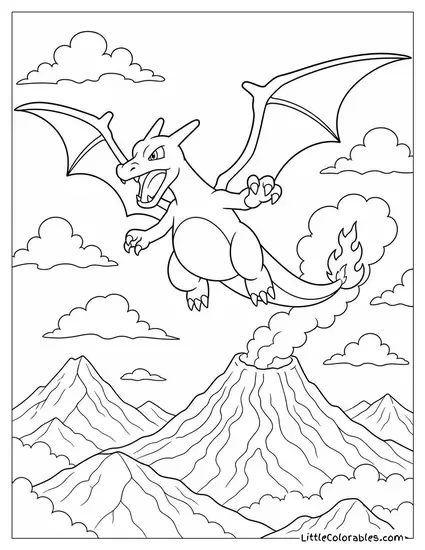 Charizard Soaring Above a Volcanic Mountain Range Coloring Page