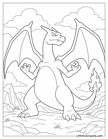 Charizard Standing Tall with Wings Fully Unfurled in a Power Pose Coloring Page