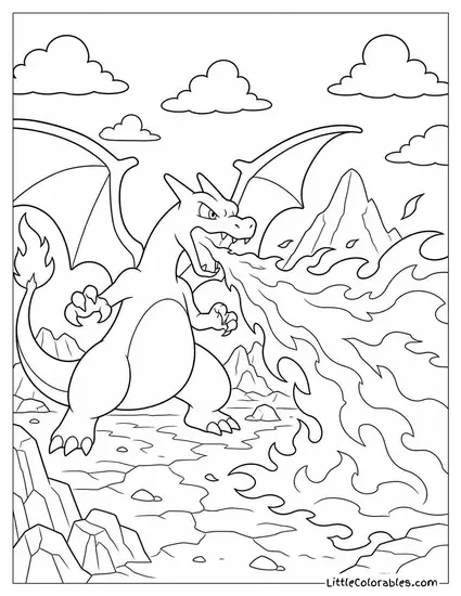 Charizard Unleashing a Full-Blast Flamethrower Scorching the Battlefield Coloring Page
