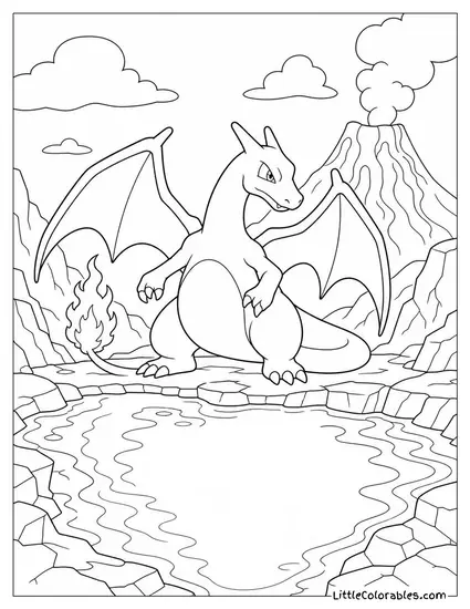 Charizard with Its Tail-Flame Reflected in a Pool of Lava Coloring Page