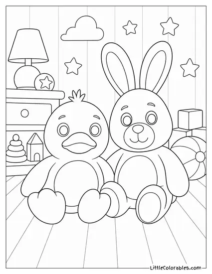 Ducky and Bunny Pretending to be Normal Stuffed Animals Toy Story Coloring Page