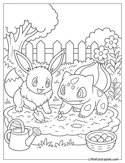 Eevee and Bulbasaur Planting Seeds Together in a Small Garden Patch Coloring Page