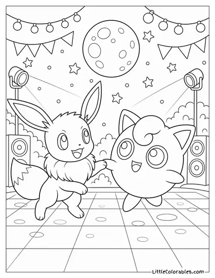 Eevee and Jigglypuff Dancing Together at a Moonlit Party Coloring Page