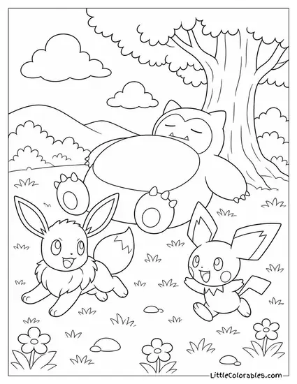 Eevee and Pichu Playing Tag Around a Sleeping Snorlax Coloring Page