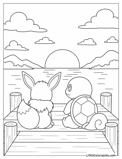 Eevee and Squirtle Watching a Sunset from a Dock Together Coloring Page