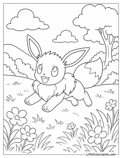 Eevee Bounding Across a Meadow with All Four Paws Off the Ground Coloring Page