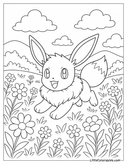 Eevee Bounding Through a Field of Wildflowers Coloring Page