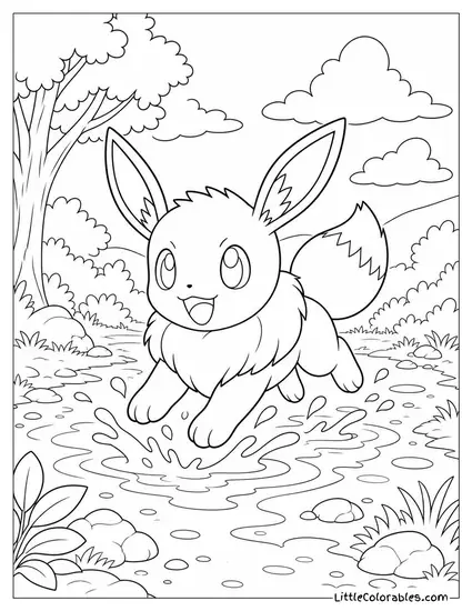Eevee Bounding Through Shallow Puddles After Spring Rain Coloring Page