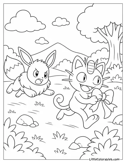 Eevee Chasing Meowth Who Has Stolen One of its Ribbons Coloring Page