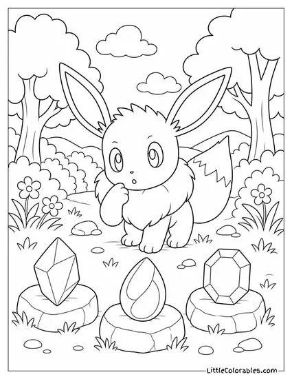 Eevee Choosing Between Three Glowing Evolution Stones Coloring Page