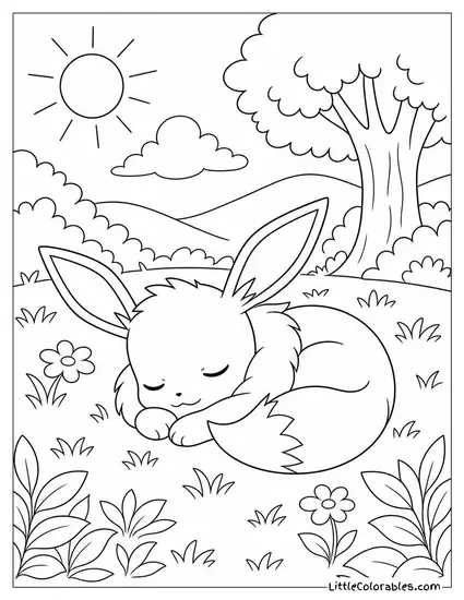 Eevee Curled Up Asleep in a Sunny Patch of Grass Coloring Page