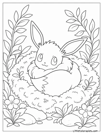 Eevee Curled Up in a Nest of Soft Moss Coloring Page