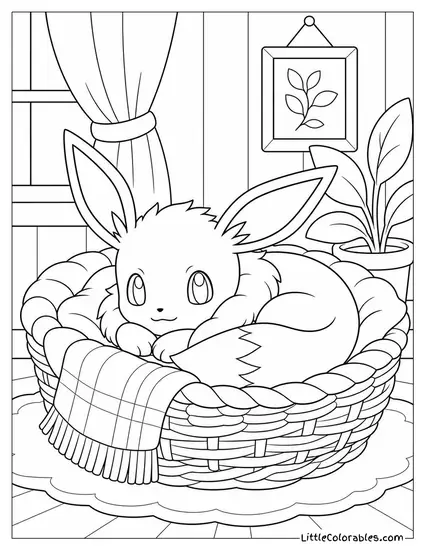 Eevee Curled Up Inside a Cozy Wicker Basket Coloring Page